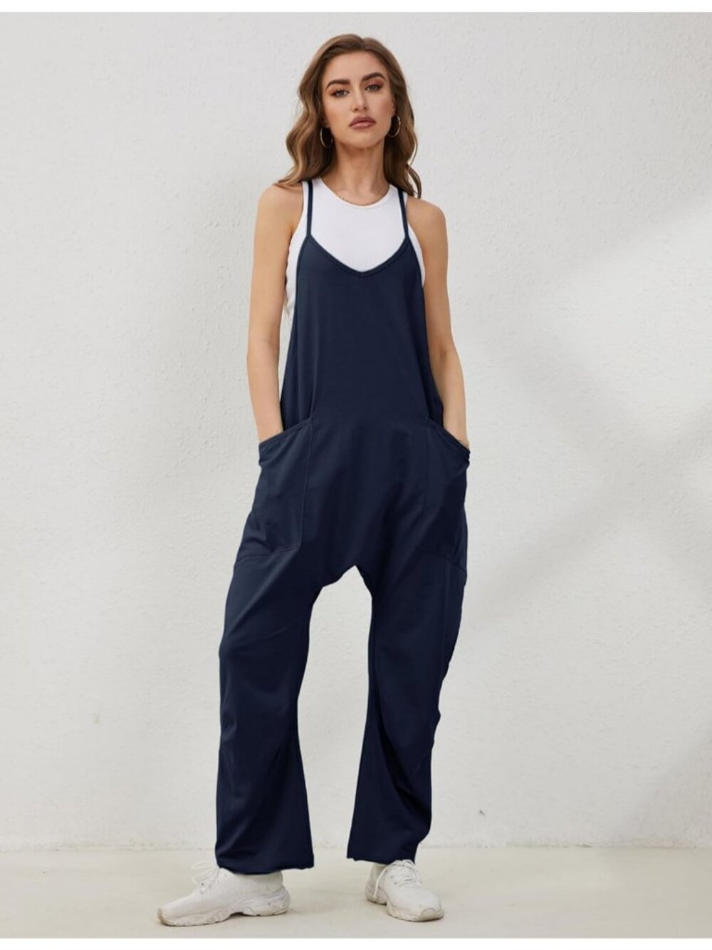 Women's Dark Blue V Neck Sleeveless Overalls Stretchy Adjustable Strap Romper - Picture 3 of 6